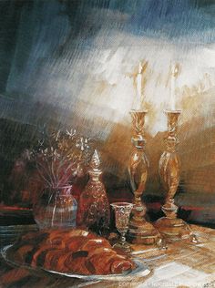 an oil painting of candles on a table with bread and other items in front of it