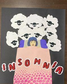 an image of a woman in bed with sheep above her head and the word insomnia on it