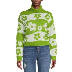 Escape into a field of flowers in this Love by Design Flower Stripe Turtleneck Sweater for Juniors. The on-trend cropped look with relaxed silhouette features a ribbed knit turtleneck, cuffs and waistband, perfect for keeping cozy and comfortable. A cute and casual look you are sure to love, match it with your favorite pair of high-waist jeans. Size: XL.  Color: Green.  Gender: female.  Age Group: adult. Retro Turtleneck Sweater For Spring, Green And White Striped Sweater, Green Flower Sweater, Lime Clothes, Rainbow Turtleneck Sweater, Soft Knit Cardigan, A Field Of Flowers, St. Patrick's Day Graphic Print Crew Neck Top, Plus Size Winter