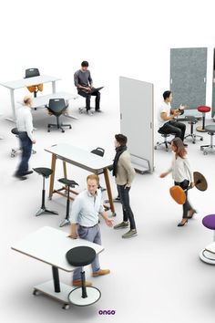 a group of people standing around tables and chairs