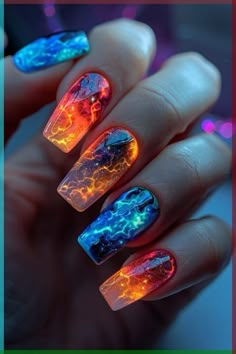 Cosmic Nails, Neon Nail Art, Colorful Nail, Colorful Nails, Nail Design Inspiration, Chrome Powder, Blue Nail Designs, Spring Nail Art