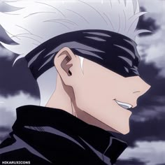 an anime character with white hair and black eyes looks to his left while staring at something in the distance