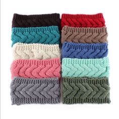 six knitted headbands in different colors