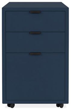 a blue filing cabinet with three drawers on casteors and two wheels, in front of a white background