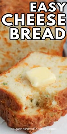 an easy cheesy bread recipe with cheese on top and the title overlay