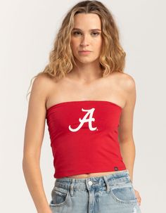 Hype And Vice The University Of Alabama Tube Top. Graphic Screened On Front. Made With A Double Layer Of Ultra Soft Cotton Spandex. Sleeveless. Cropped Length. 95% Cotton, 5% Spandex. Machine Wash. Imported. Model Is Wearing A Size Small. Model Measurements:height: 5'7" Bust: 29"waist: 22"hips: 34.5" Flannel Sweatshirt, Graphic Trends, The University Of Alabama, University Of Alabama, Cargo Skirt, Open Knit Sweater, Boy Tees, Metallic Dress, Swimsuit Cover Ups