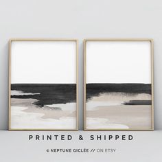 two black and white art prints on a wall next to each other with the words neptune art prints on it