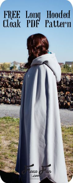 a woman wearing a white cape with the words free long hooded cloak pattern on it