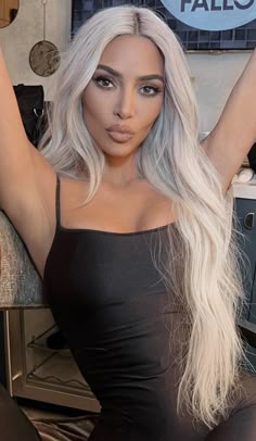 Icy Blonde Hair On Tan Skin, Platinum Blonde On Tan Skin, Kim Platinum Blonde Hair, Kim Kardashian Platinum Hair, Kim Kardashian Icy Blonde Hair, Kim Kardashian Bleached Hair, Kim Kardashian Silver Hair, Kim K White Hair, Kim K Platinum Blonde Hair