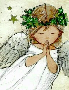 an angel with green leaves on her head and hands folded in prayer, surrounded by stars