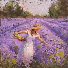 a painting of a woman in a lavender field