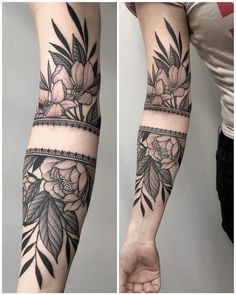 the arm is decorated with flowers and leaves on both sides of the woman's arms