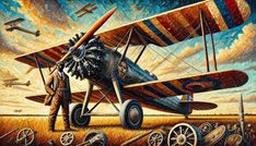 a painting of a man standing next to an airplane