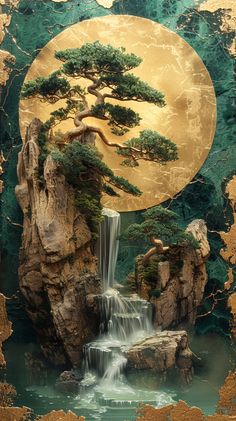 a painting of a waterfall with trees on it