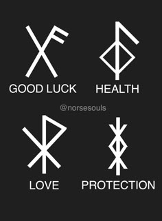 four different logos with the words good luck, health and love written in white on black