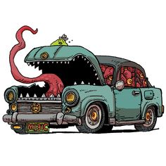 an old car with a monster's mouth and teeth on the hood is shown in this cartoon