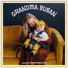 a woman sitting on top of a yellow couch holding a small child in her lap