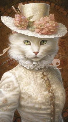 a painting of a cat wearing a white dress and hat