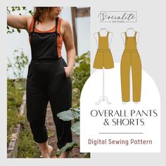 the overall pants and shorts sewing pattern is shown in front of a woman's body