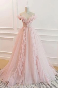 Pink Evening Dress, A Line Evening Dress, Pink Wedding Dress, Tulle Evening Dress, Floor Length Prom Dresses, Pink Prom Dress, Pink Formal Dresses