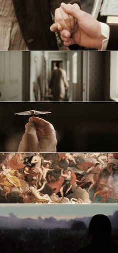 four different scenes from the same movie, each with hands holding something in front of them