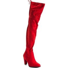 Side Quarter Zipper, Back Tie Detail, Faux Suede Finish 3.5in. Heel Almond Toe, Pull On Textile Upper, Textile And Man Made Sole Imported Elegant Fitted Red Knee-high Boots, Red Knee-high Heeled Boots For Formal Occasions, Elegant Red Boots With 4-inch Heel, Elegant Red Knee-high Boots, Red Pointed Toe Knee-high Boots For Formal Occasions, Red High Heeled Boots For Winter, Chic Red Winter Boots, Red Pointed Toe Knee-high Boots For Fall, Elegant Synthetic Knee-high Winter Boots