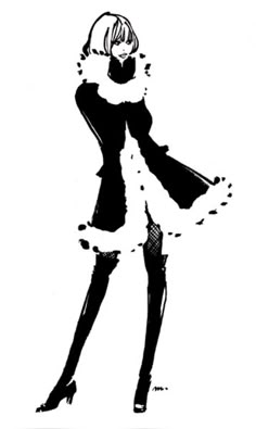 a black and white drawing of a woman in a fur coat with her hands behind her back