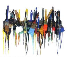 a group of paint spatulas with different colors and shapes dripping from them on a white background