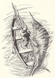 an old drawing of a man in a boat being pulled by a shark