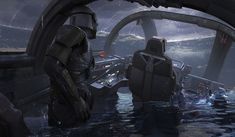 a sci - fi character standing in the water looking out from inside a space station