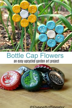 bottle cap flowers are an easy, upcycled garden art project for kids and adults