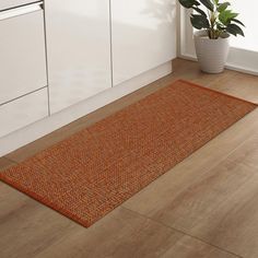 an orange rug on the floor next to a potted plant in a white kitchen