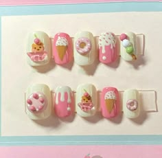 What's included in your order: 💓 Set of 10 Press on Nails 💓1 Application Kit: 💓Mini nail filer 💓cuticle pusher 💓24 nail adhesive tabs 💓Alcohol Prep Pad Custom Size: 💓Choose custom size option, don't forget to add measurements of your 10 nails in the note section. 💓Nail set is handmade so they may slightly differ from the image shown.  Due to differences in computer monitors, phone displays and tablet displays, the colors of our products may slightly vary. 💓Since it is custom art work, n Kawaii Fake Nails, Nail Ice Cream, Nail Art Display Ideas, How To Make Press On Nails, Nail Art Ice Cream, Uñas Press On, Candy Nails Designs, Birthday Cake Nails