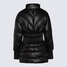 100% polyester Designer Black Nylon Outerwear, Luxury Solid Outerwear For Fall, Luxury Long Sleeve Blazer With Padded Collar, Fitted Black Nylon Outerwear, Elegant Long Sleeve Outerwear With Padded Collar, Black Polyamide Outerwear For Fall, Luxury Fitted Puffer Outerwear, Chic Long Sleeve Outerwear With Padded Collar, Fitted Elegant Puffer Outerwear