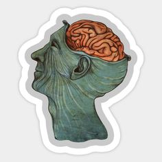 a sticker with an image of a human head and brain in it's center