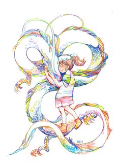 a drawing of a girl with her arms around a dragon's neck and tail