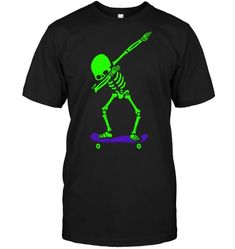 a skeleton on a skateboard with a green glow in the dark t - shirt