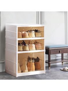 the shoe rack is filled with many pairs of shoes