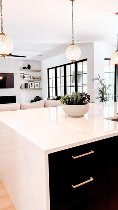 a large kitchen island with a bowl on it