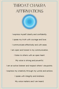 Balance your Throat Chakra with these powerful affirmations. Chakra Manifestation, Daily Affirmations For Each Chakra, Cleansing Mantras, Chakra Quotes Spirituality Affirmations, Chakra Balancing Affirmations, Balance Throat Chakra, Base Chakra Affirmations, Chakra Affirmations Mantra, Throat Chakra Prompts