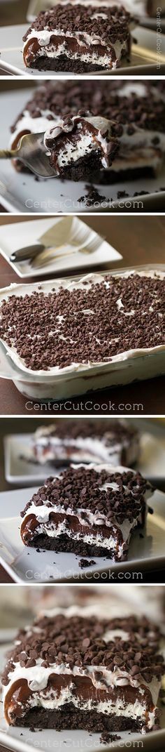 four different views of chocolate cake with white frosting and chocolate sprinkles