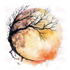 a watercolor painting of a tree with the moon in the background