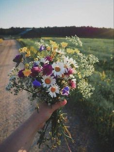 a person holding a bouquet of flowers in front of a dirt road and green field