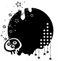 a black and white drawing of a skull with stars on it's back side