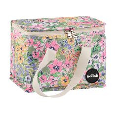 a colorful floral print lunch bag with white handles and straps on the front, featuring an insulated logo that reads kohla