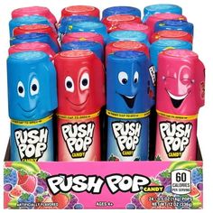 rush pop candy is displayed in a box with the caption rush pop and it's fruit flavor