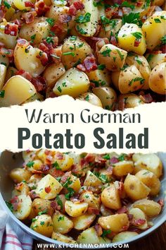 a bowl filled with potatoes and bacon next to the words warm german potato salad