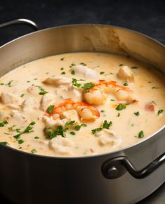 a pot filled with shrimp and cheese soup