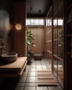 a bathroom with wooden walls and tile flooring