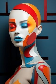 a woman's face is painted with different colors and shapes, including red, orange, blue, and white